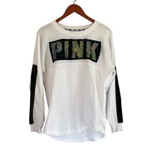 Victoria's Secret Pink Rainbow Sequin/Bling Black Varsity Stripe Long Sleeve, S
